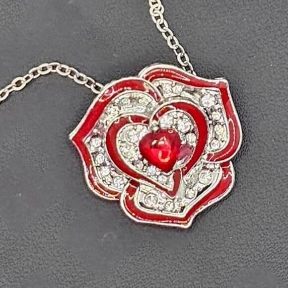 Red Rose Flower Pendant with a Heart Center‎ (NWOT) - Picture 3 of 6
